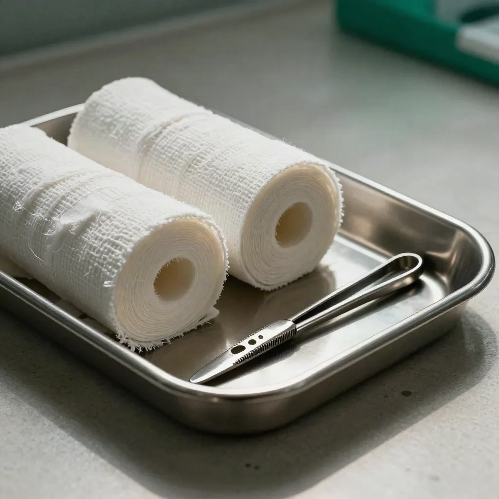 Stainless tray, gauze rolls and polished forceps on pale stone with cool haze.