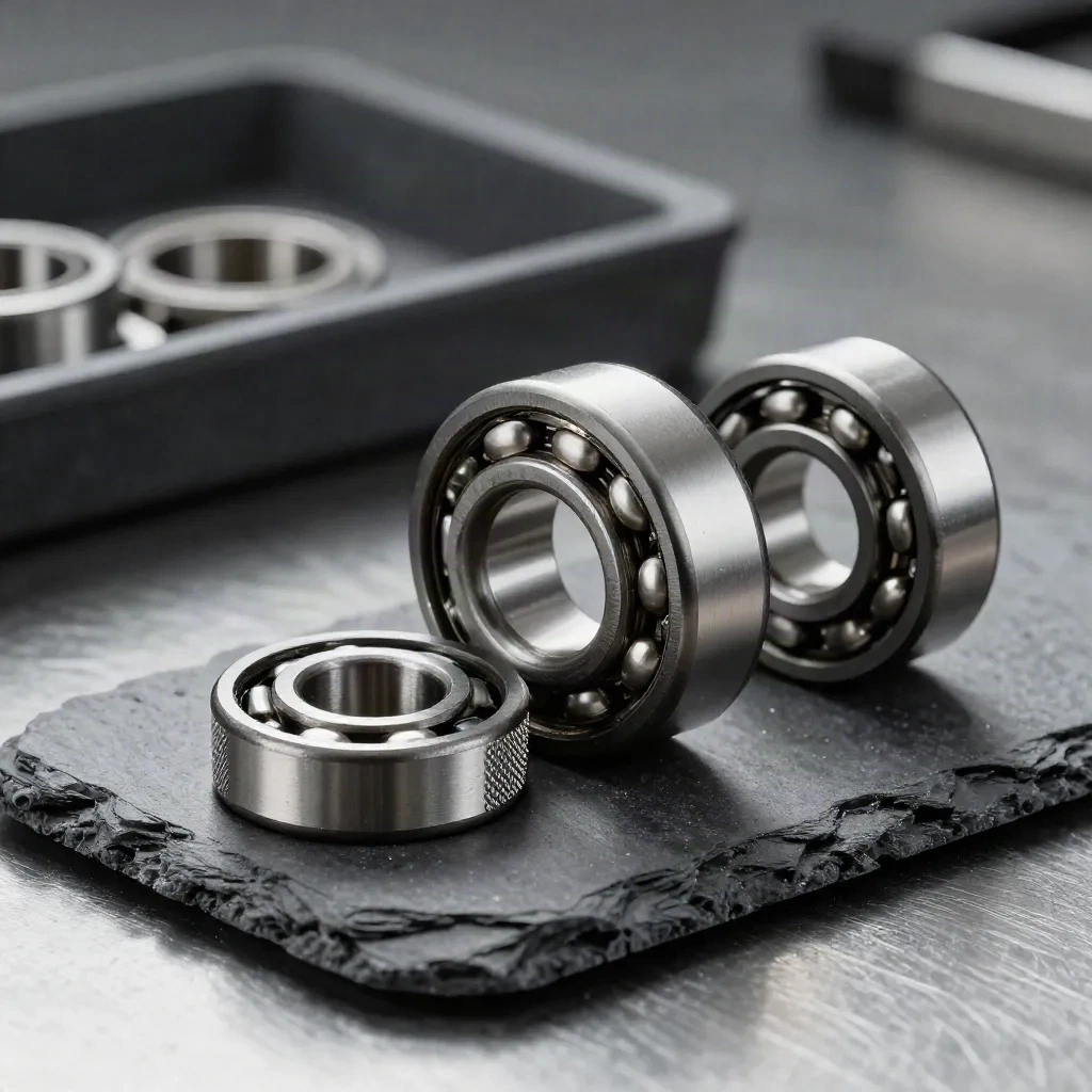 Macro still life of machined bearings, knurled coupling and graphite parts tray on brushed steel