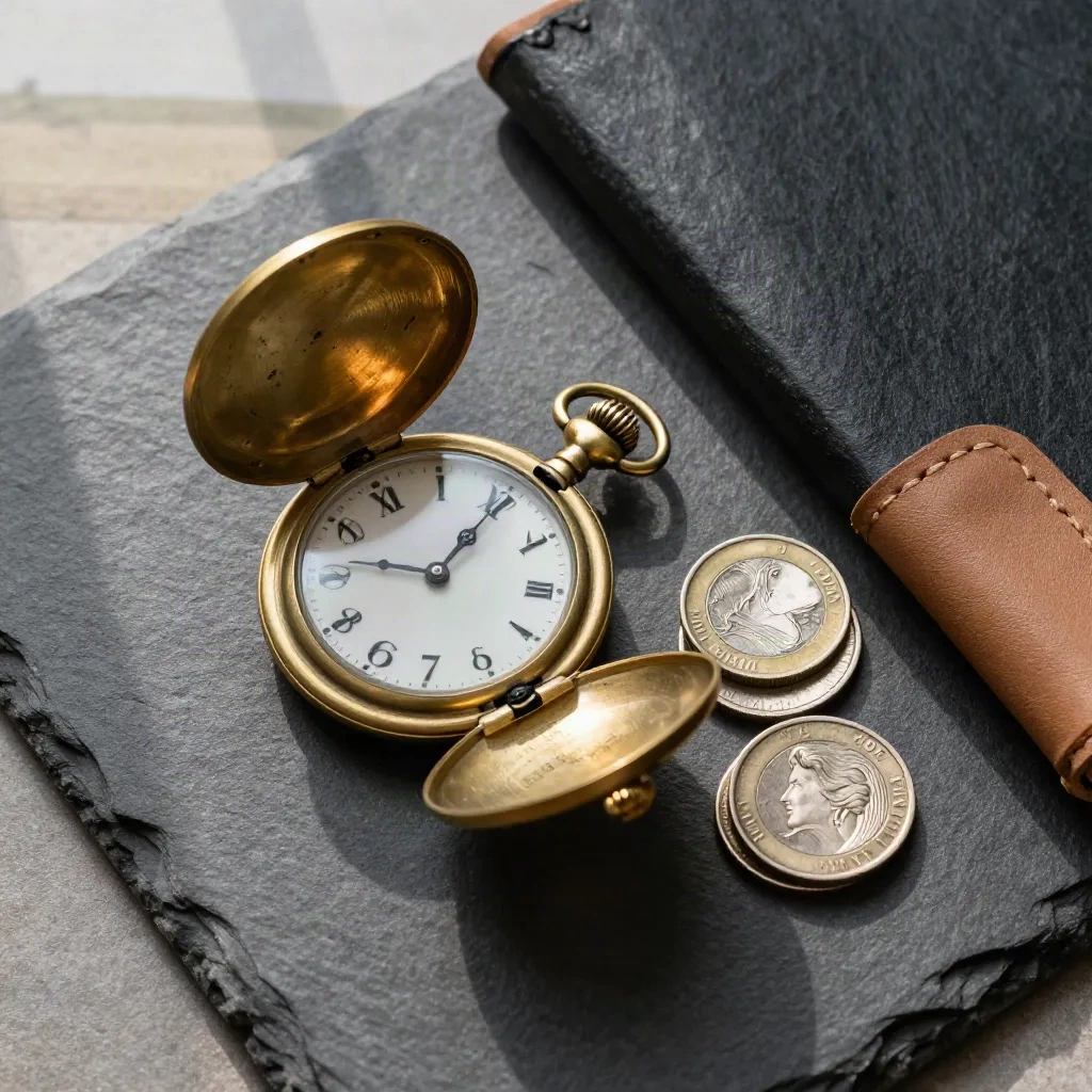 Brass pocket watch, mixed coins and a closed pension folder on slate, lit from above.