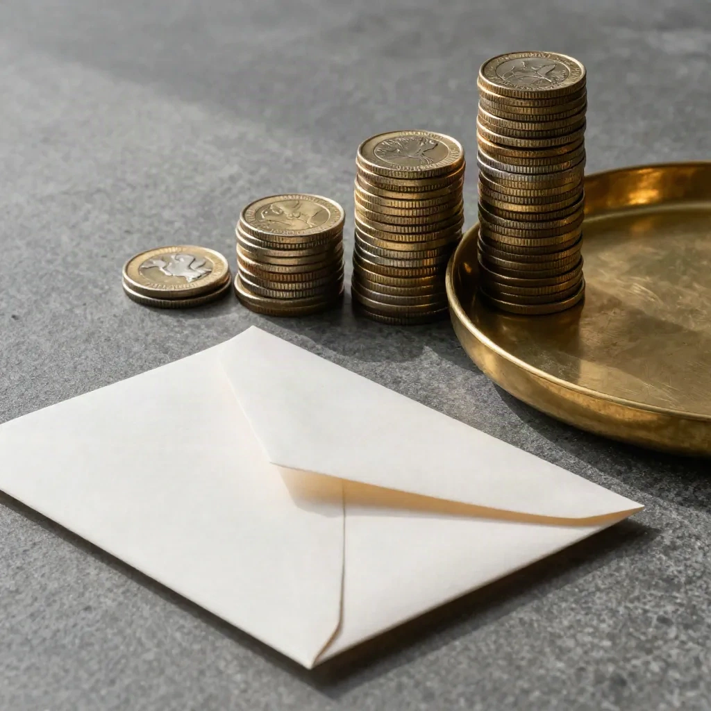 Coin stacks, brass tray and envelope sleeve on stone, overhead diagonal still life