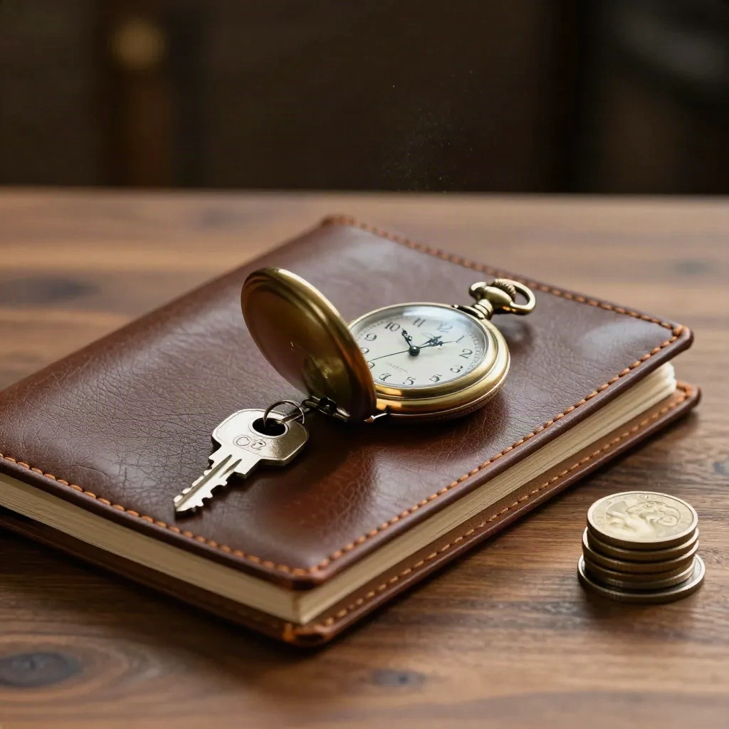 Brass pocket watch, finance binder, house key and coins on warm walnut with dark bokeh.