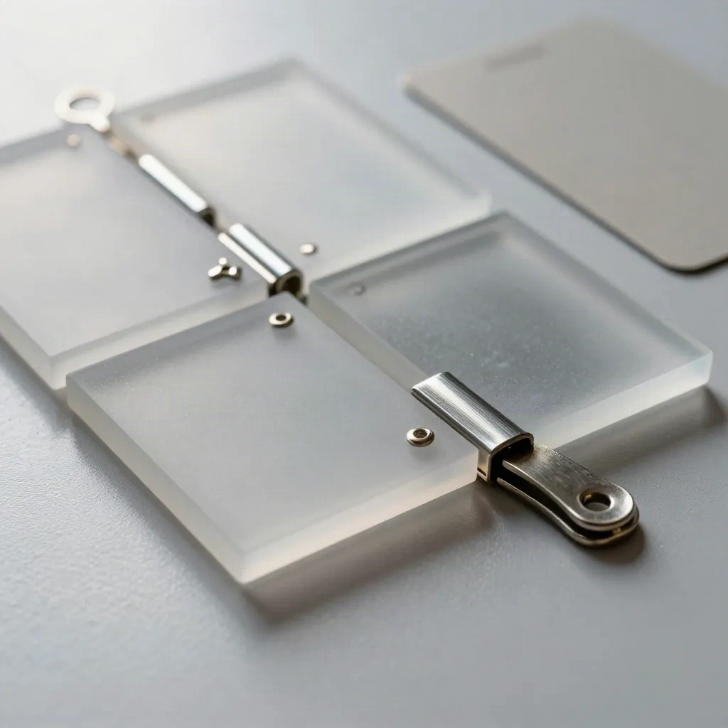 Frosted acrylic tiles and metal clips snapped into a diagonal row on brushed steel.