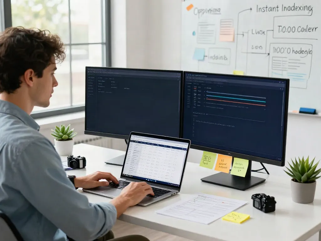 Digital marketing strategist analyzing instant indexing metrics in a modern office.